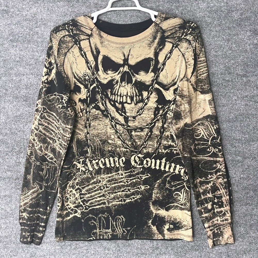 Xtreme Couture Mens Skull Graphic Thermal Long Sleeve Shirt Black Tan Large